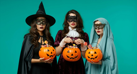 Fototapeta premium Halloween Witches With Pumpkin Candies 