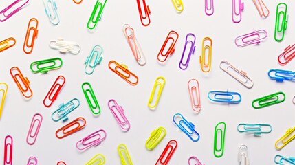 A scattered array of vibrant paper clips in various shapes and colors against a pristine white background. The mix of hues creates a lively and dynamic visual effect