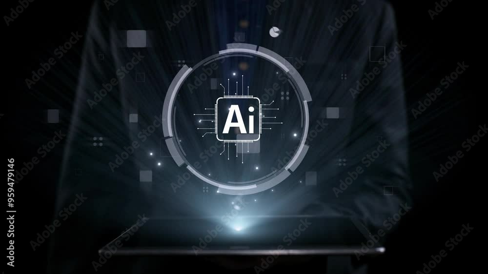 Poster human interact with ai artificial intelligence brain processor in concept of ai artificial intellige