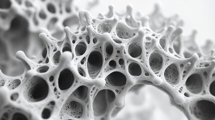 Detailed microscopic view of porous bone tissue in black and white, bone health