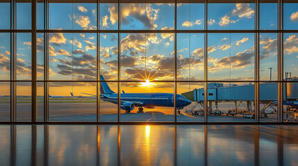 Naklejka premium Airport terminal view of plane at sunset with reflection on glass and runway