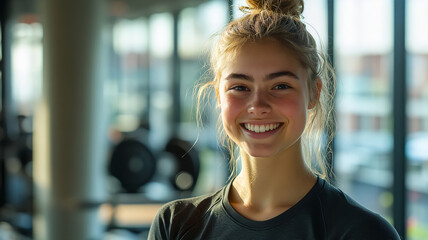 Portrait of smiling young woman in modern fitness center with natural light from large windows