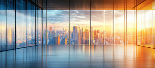 High-resolution image of a modern office interior with floor-to-ceiling windows overlooking the city skyline at dusk, showcasing a spacious glass-walled environment ideal for business designs.