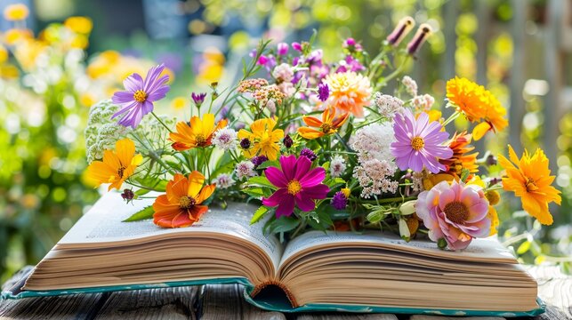 A hardcover book lying open with colorful flowers arranged around it, symbolizing the merging of summer joy and academic pursuits. The setting is bright and inviting