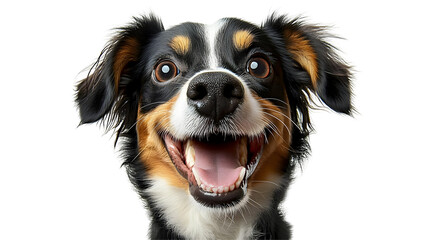 Close-up of a happy dog's face with brown, black, and white fur, looking directly at the camera with its mouth open in a big smile, isolated on a transparent background.
