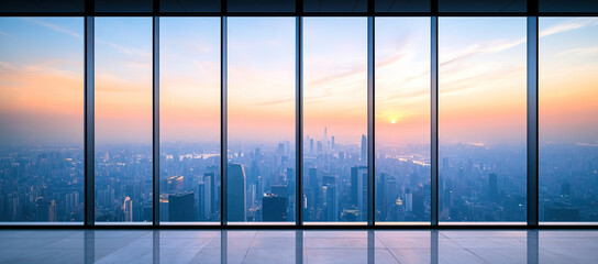 Fototapeta premium Elegant modern office interior with panoramic views of the city skyline at dusk, featuring glass walls and an open floor plan, perfect for creating abstract presentation backgrounds.