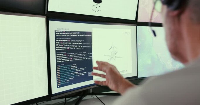 Man, engineer and computer screen of satellite in control room with headset, ground support and flight. Person, sonar capsule and project with rocket system for government security of navigation