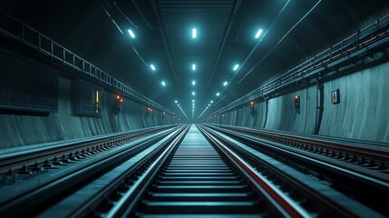 A deep urban tunnel with illuminated tracks, showcasing a modern and industrial atmosphere perfect for travel and transport themes.