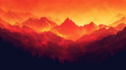 A panoramic view of mountain silhouettes under a fiery red sky, the sharp peaks and ridges highlighted by the vibrant background. The image is powerful and breathtaking