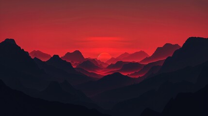 A serene twilight scene featuring the dark silhouettes of mountains against a glowing red sky, capturing the tranquil beauty of nature at dusk. The composition is both dramatic and peaceful