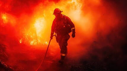 Fototapeta premium Firefighter walking through a burning forest with a hose in hand, engulfed in smoke and flames.