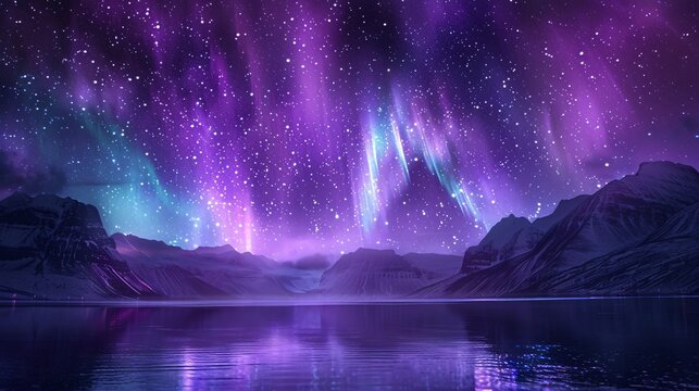 A stunning night sky adorned with vivid purple auroras and shimmering stars, offering a tranquil and majestic view. The scene is designed with plenty of copy-space for additional elements
