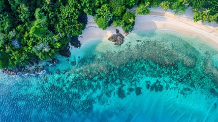 A stunning overhead shot of a secluded tropical beach with crystal clear waters, vibrant coral reefs, and a long stretch of soft white sand. The lush greenery and azure sea create a breathtaking