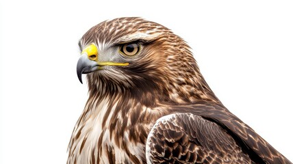 Obraz premium A close-up of a majestic hawk, showcasing its fierce gaze and intricate feather patterns against a clean white background.