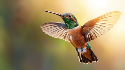 Fototapeta premium A stunning hummingbird in mid-flight, showcasing vibrant colors and delicate wings against a soft, blurred background.