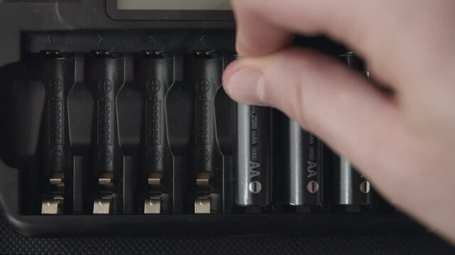 Close up male hand placing AAA batteries into a battery pack.