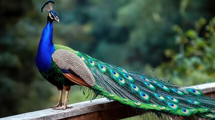 Naklejka premium A vibrant peacock displaying its colorful feathers in a lush environment, showcasing nature's beauty and elegance.