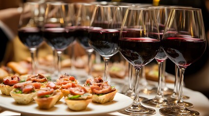 Naklejka premium Elegant wine glasses filled with deep red wine paired with exquisite tapas