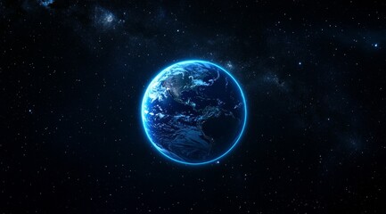 Obraz premium A glowing blue planet Earth seen from space with stars in the background.
