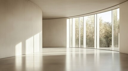 Curved wall with large window and sunlight streaming through
