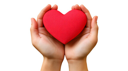 Two Hands Holding a Red Heart Shape on a White Background, Isolated on Transparent Background in PNG Format