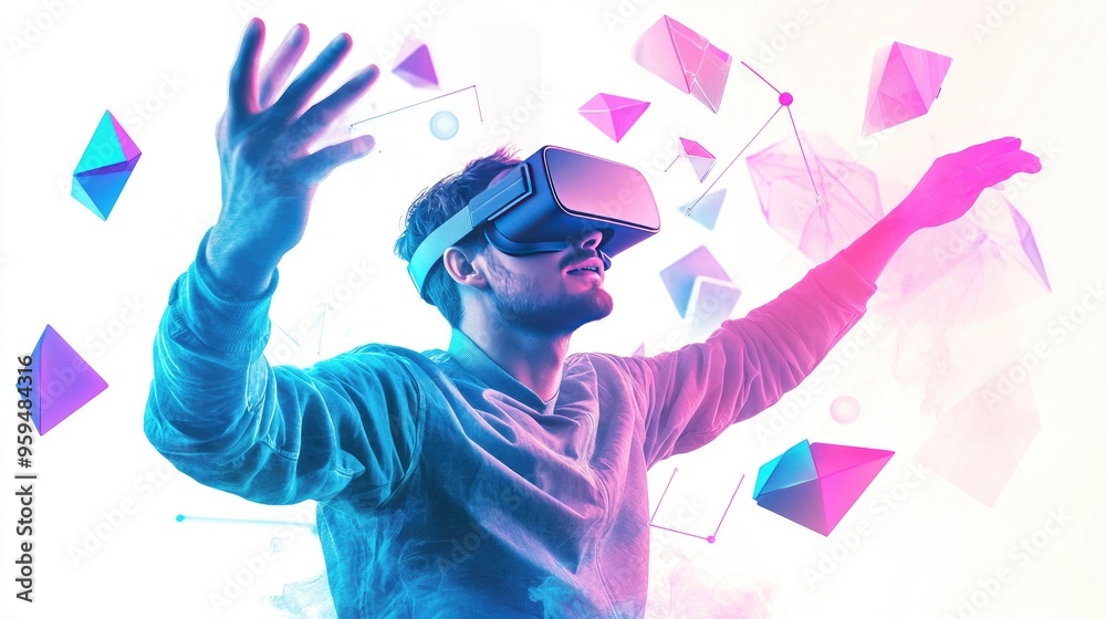 Wall mural man wearing vr headset reaching towards glowing geometric shapes.