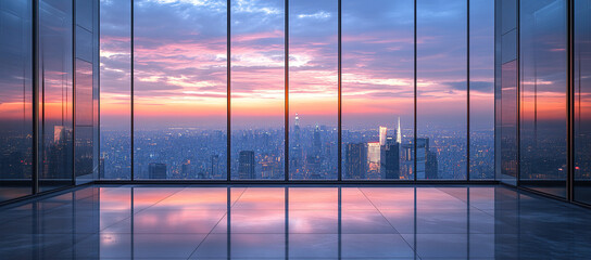Fototapeta premium Modern office interior featuring panoramic floor-to-ceiling windows overlooking a city skyline at dusk