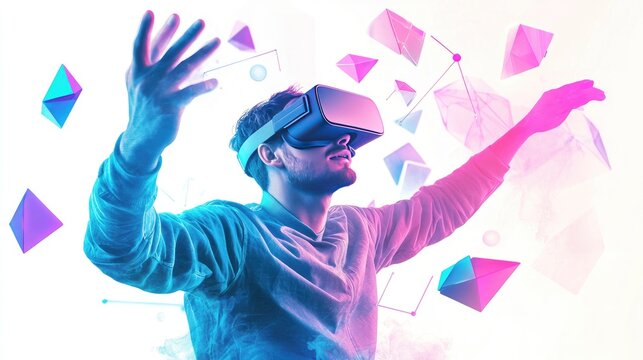 Man wearing VR headset reaching towards glowing geometric shapes.