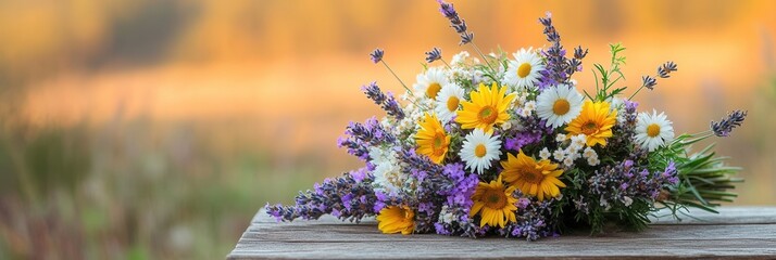 A vibrant arrangement of daisies, sunflowers, and lavender displayed on a wooden table, illuminated...