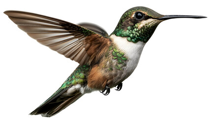 Hummingbird with Green Feathers Flying Near Pink Flowers with Transparent Background