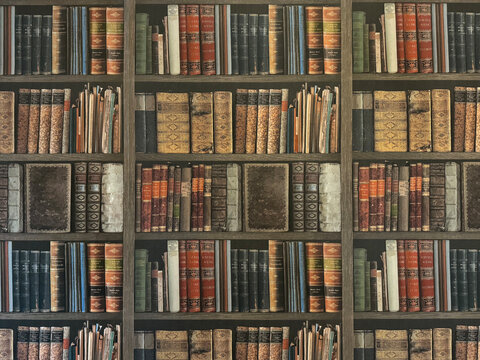Vintage book from various genre in bookshelves, printed seamless wallpaper texture background.