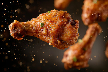 Crispy fried chicken legs floating in the air