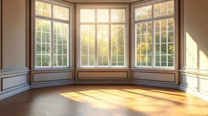 Sunbeams Streaming Through Large Bay Windows in a Room with Wood Flooring