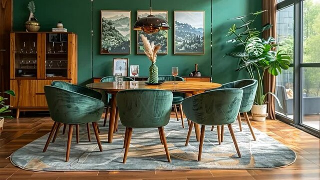 Green Haven: A luxurious dining space with a stunning green color scheme, featuring a large oval table with plush velvet chairs, a rug with a geometric pattern, and a statement light fixture. The room