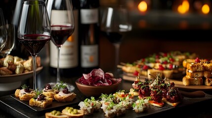 A refined wine and tapas presentation in a luxurious deep-toned lounge