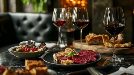 A refined wine and tapas presentation in a luxurious deep-toned lounge
