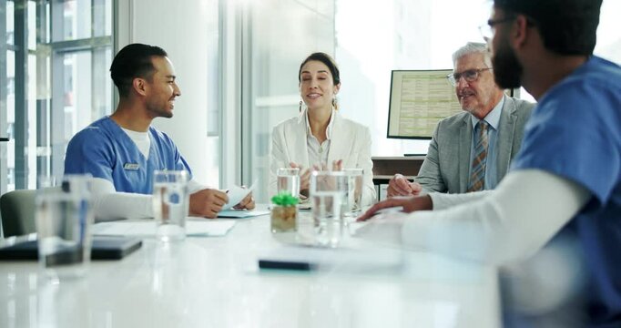 Business people, doctors and meeting with healthcare investor for medical research, facility funding and vaccine study trial. Medicine, teamwork and hospital development with ngo partnership advice