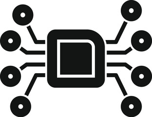 Simple vector icon of a microchip connecting with circuit wires, representing computer science and technology