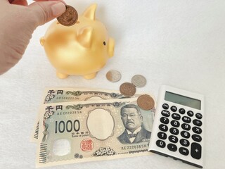 小銭　貯金箱　入れる　人　手