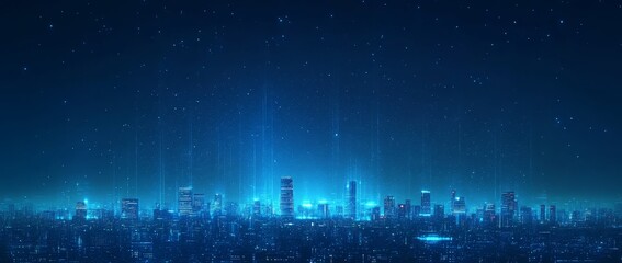 Futuristic cityscape with glowing blue lights and abstract patterns.