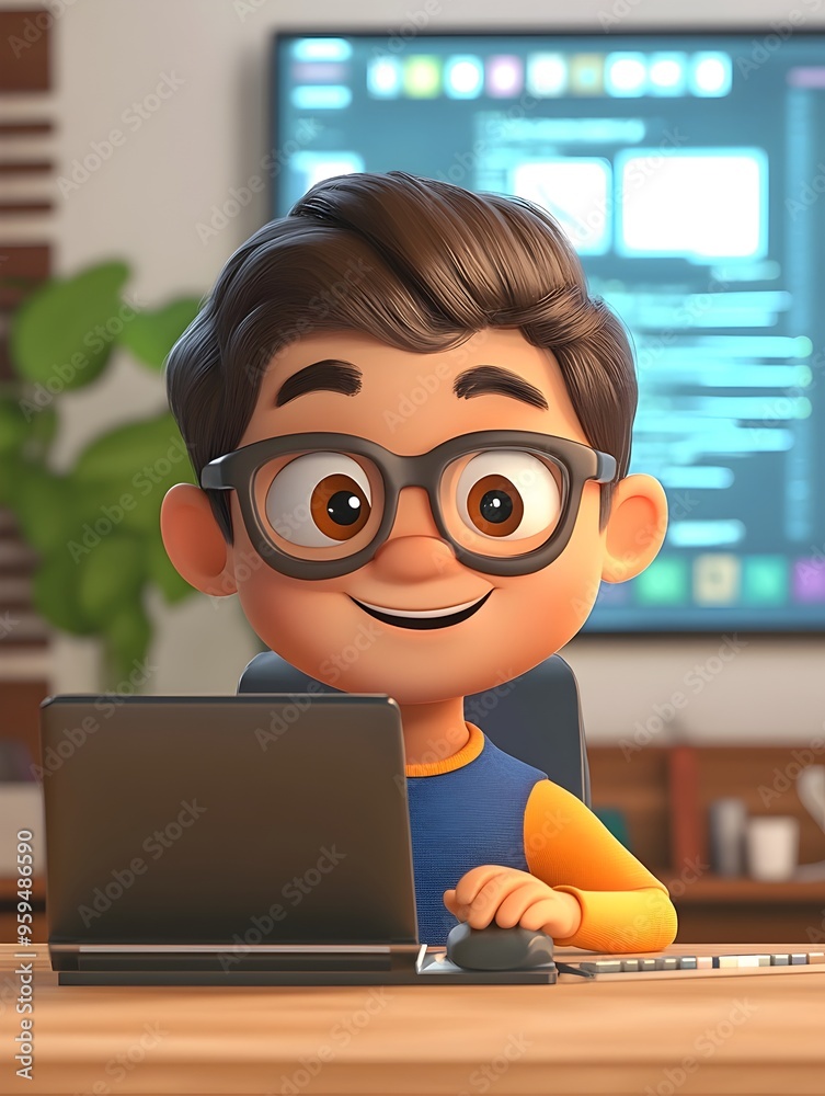 Aufkleber animated 3d cartoon character of a passionate software developer coding diligently in a tech industr