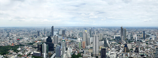 Aerial view of Bangkok skyline, Bangkok financial district, buildings and skyscrapers under sunny...