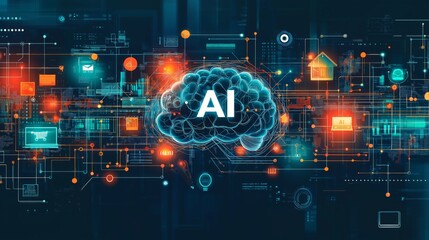 Obraz premium AI Brain Concept Surrounded by Complex Digital Interfaces and Data Connections, Representing the Integration of Artificial Intelligence in Modern Technology and Data Networks