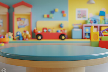 Clean round tabletop counter in a playful kids-themed room with colorful toys and bright decor