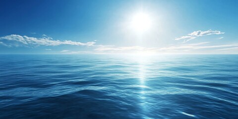 Obraz premium A serene seascape with blue sky, white clouds, and the sun reflecting on the water.