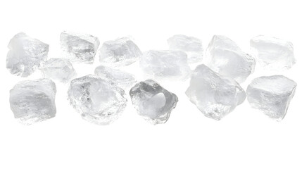 Large Clear Ice Cubes Scattered On a White Transparent Background, Isolated Ice, Crystallized Water