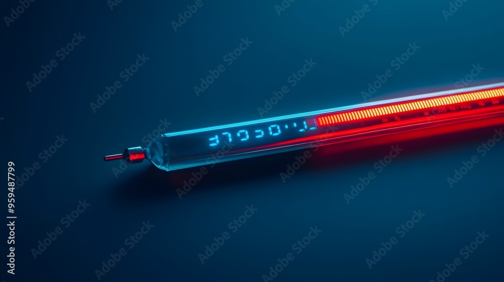 Poster digital thermometer device displaying high temperature reading on electronic display panel measuring