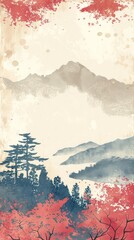 Fototapeta premium Abstract Watercolor Landscape with Mountains, Trees, and a River.