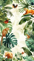 Watercolor Tropical Jungle with Animals.