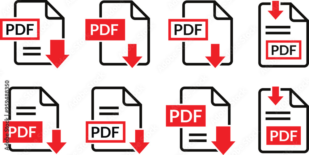 Poster pdf file download symbols set, pdf document text, web format information, images, vector images, pdf